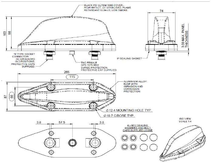 TE Connectivity MiMo Rail Rooftop Antenna with GPS